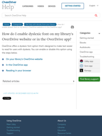 How do I enable dyslexic font on my library's OverDrive website or in the OverDrive app?
