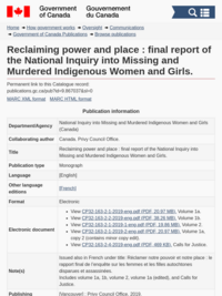 Reclaiming Power and Place: Final Report of the National Inquiry into Missing and Murdered Indigenous Women and Girls