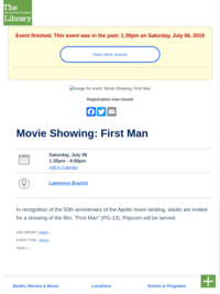 Movie Showing: First Man - Indianapolis Public Library (Lawrence Branch) | REGISTRATION REQUIRED