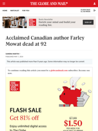 Sandra Martin - Farley Mowat Dead at 92 (Globe and Mail)