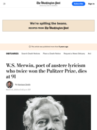 W.S. Merwin, poet of austere lyricism who twice won the Pulitzer Prize, dies at 91