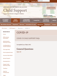 OR Dept of Justice: FAQs on child support during COVID-19