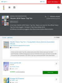 CMLibrary Suggests: YALSA's 2018 Teens' Top Ten | Charlotte Mecklenburg Library | BiblioCommons