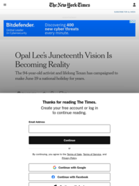&quot;Opal Lee's Juneteenth Vision is Becoming Reality&quot;, New York Times, June 18, 2020