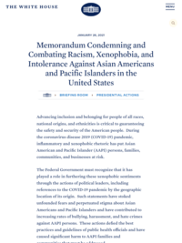 White House Memorandum Condemning and Combating Racism, Xenophobia, and Intolerance Against Asian Americans and Pacific Islanders in the United States