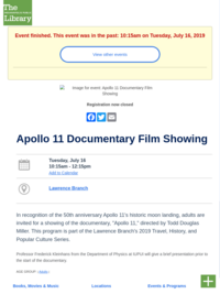 Apollo 11 Documentary Film Showing - Indianapolis Public Library (Lawrence Branch) | BONUS: Professor Frederick Kleinhans from the Department of Physics at IUPUI will give a brief presentation prior to the start of the documentary. | REGISTRATION REQUIRED
