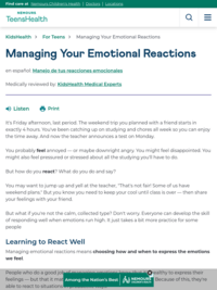 Website: Kids Health Managing Your Emotional Reactions