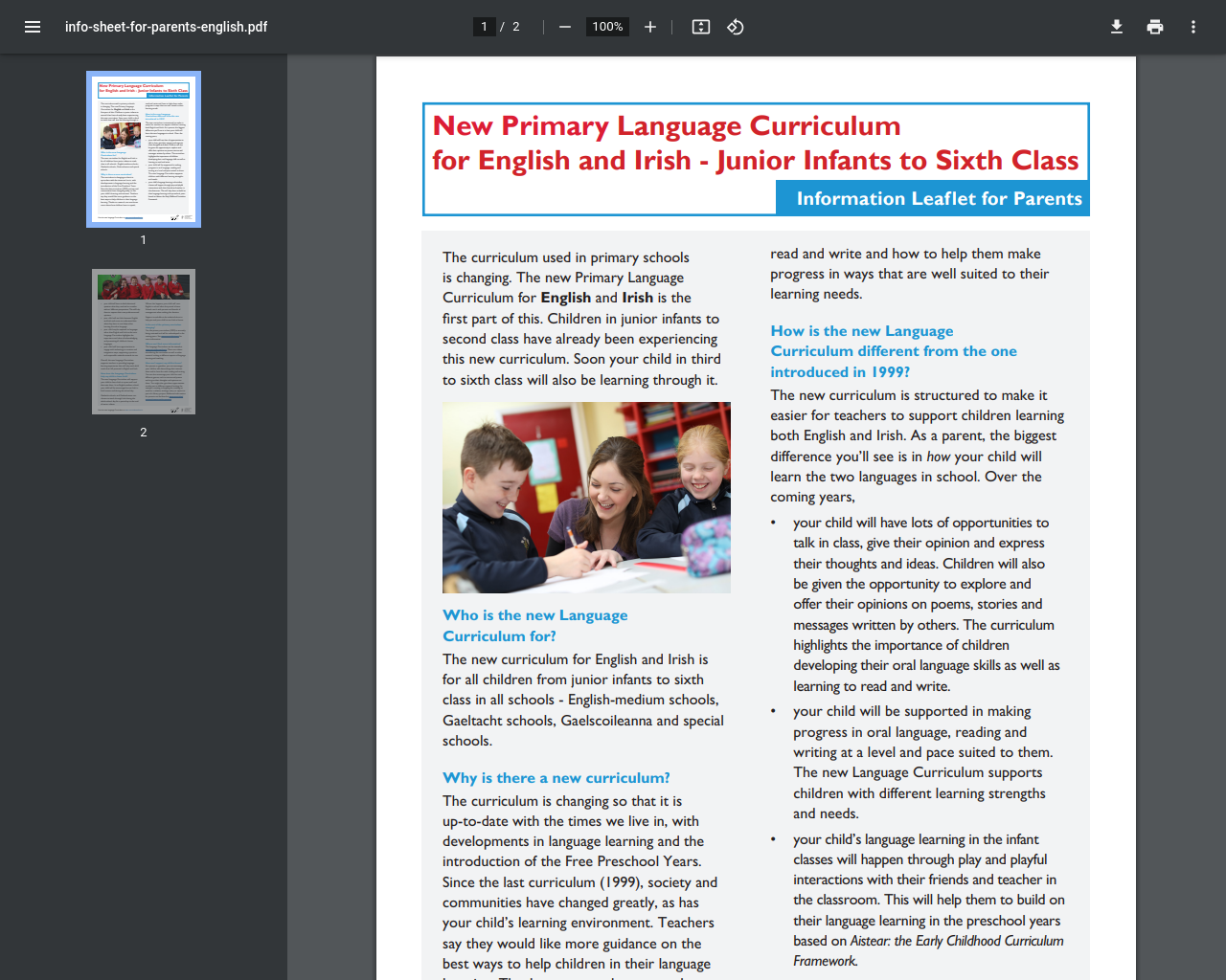 New Language Language Curriculum for English and Irish-Junior Infants to Sixth Class