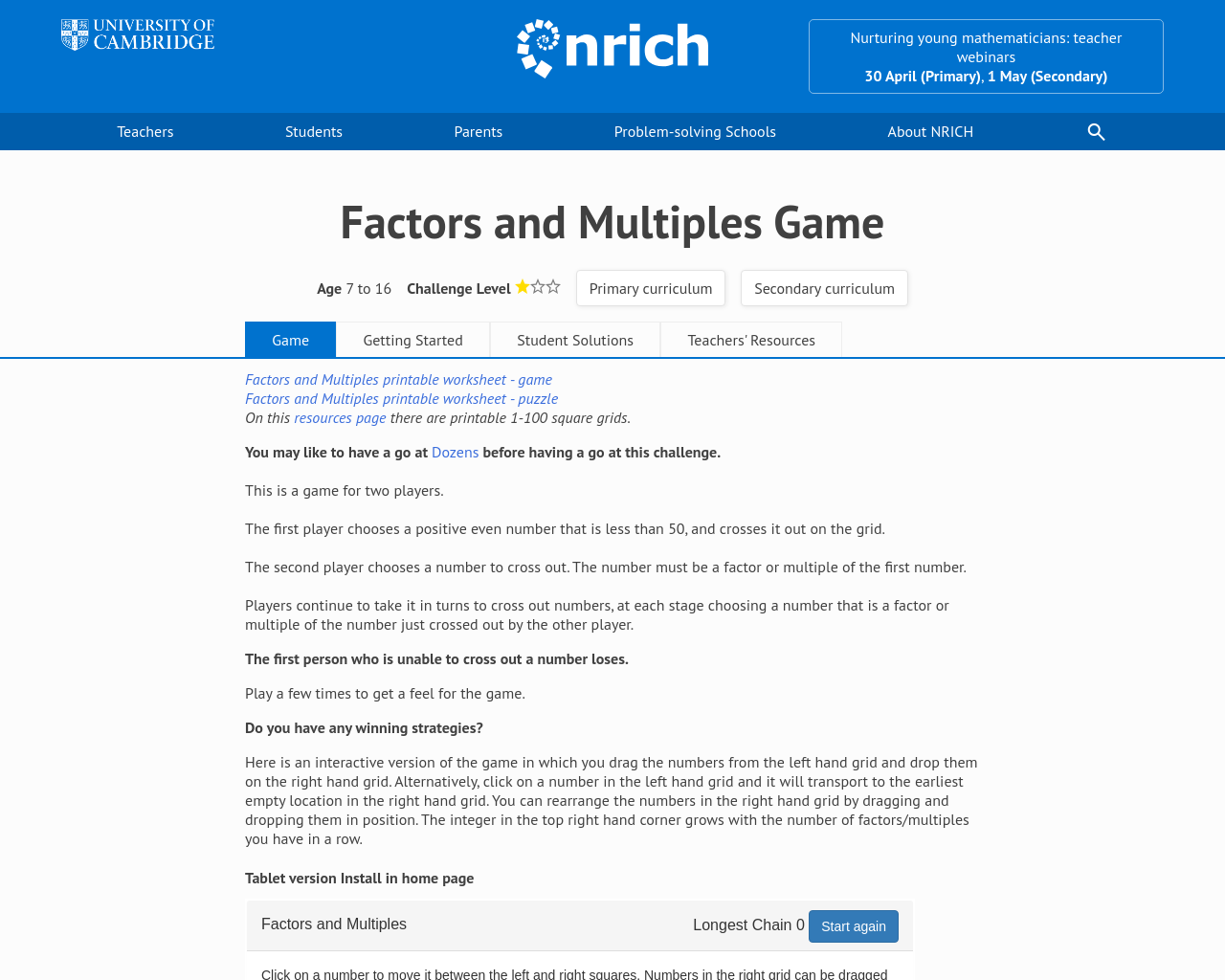 Factors and Multiples Game