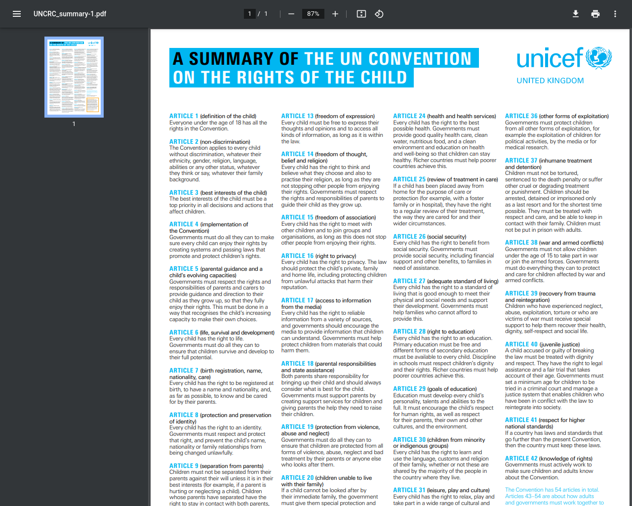 Summary of the Convention on the Rights of the Child