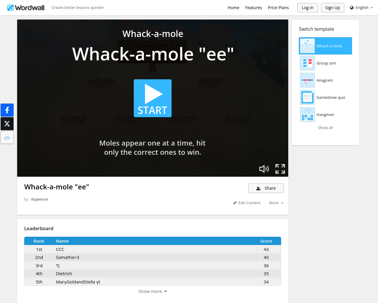 wordwall - ee - whack a mole