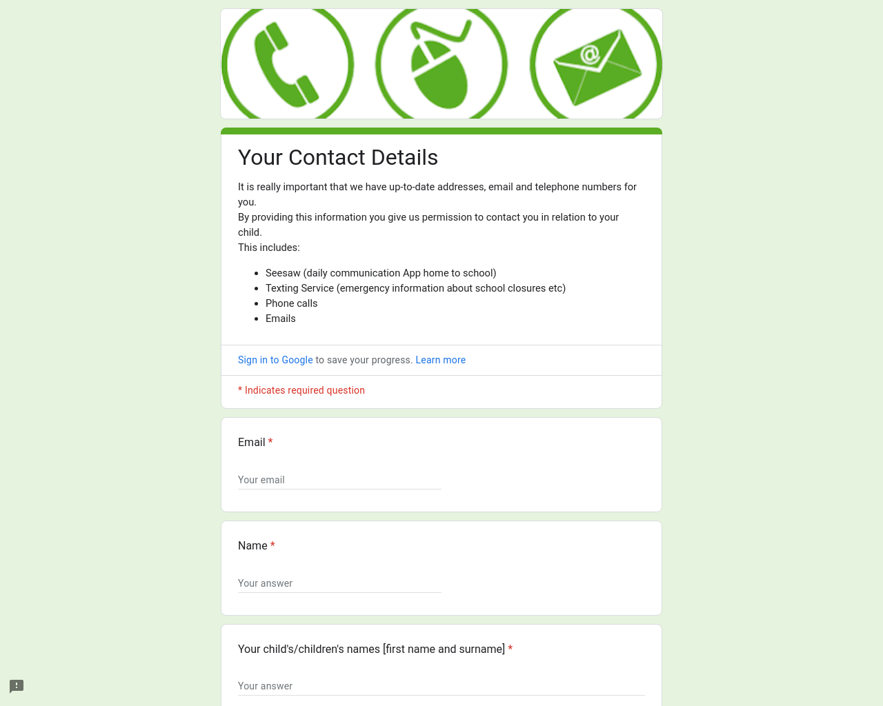 Contact details and Seesaw permission